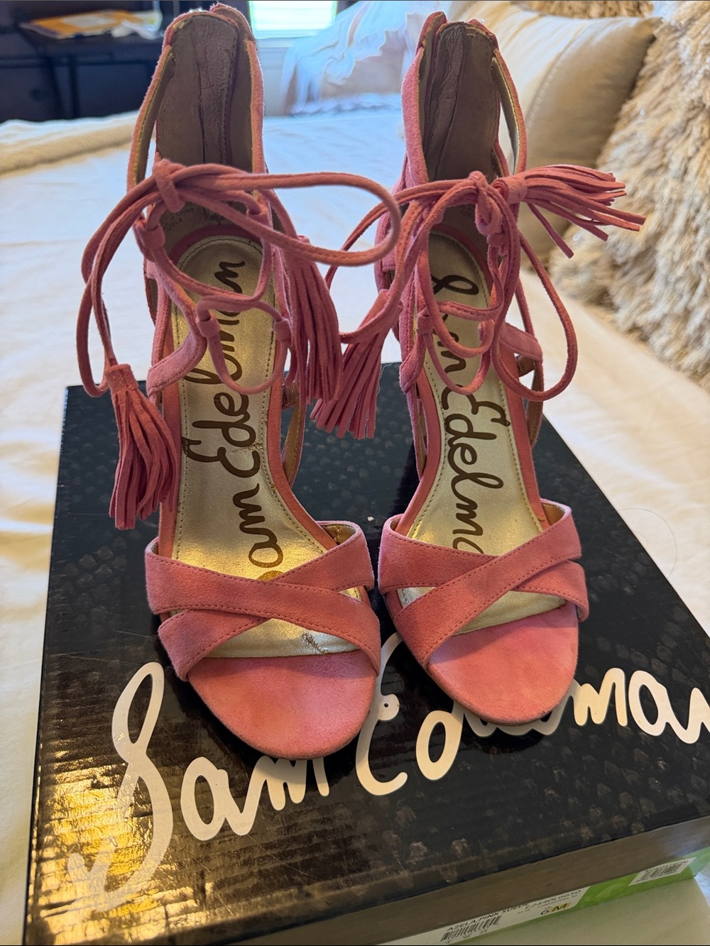 Sam Edelman Pink Suede Fringe Lace-Up Heels